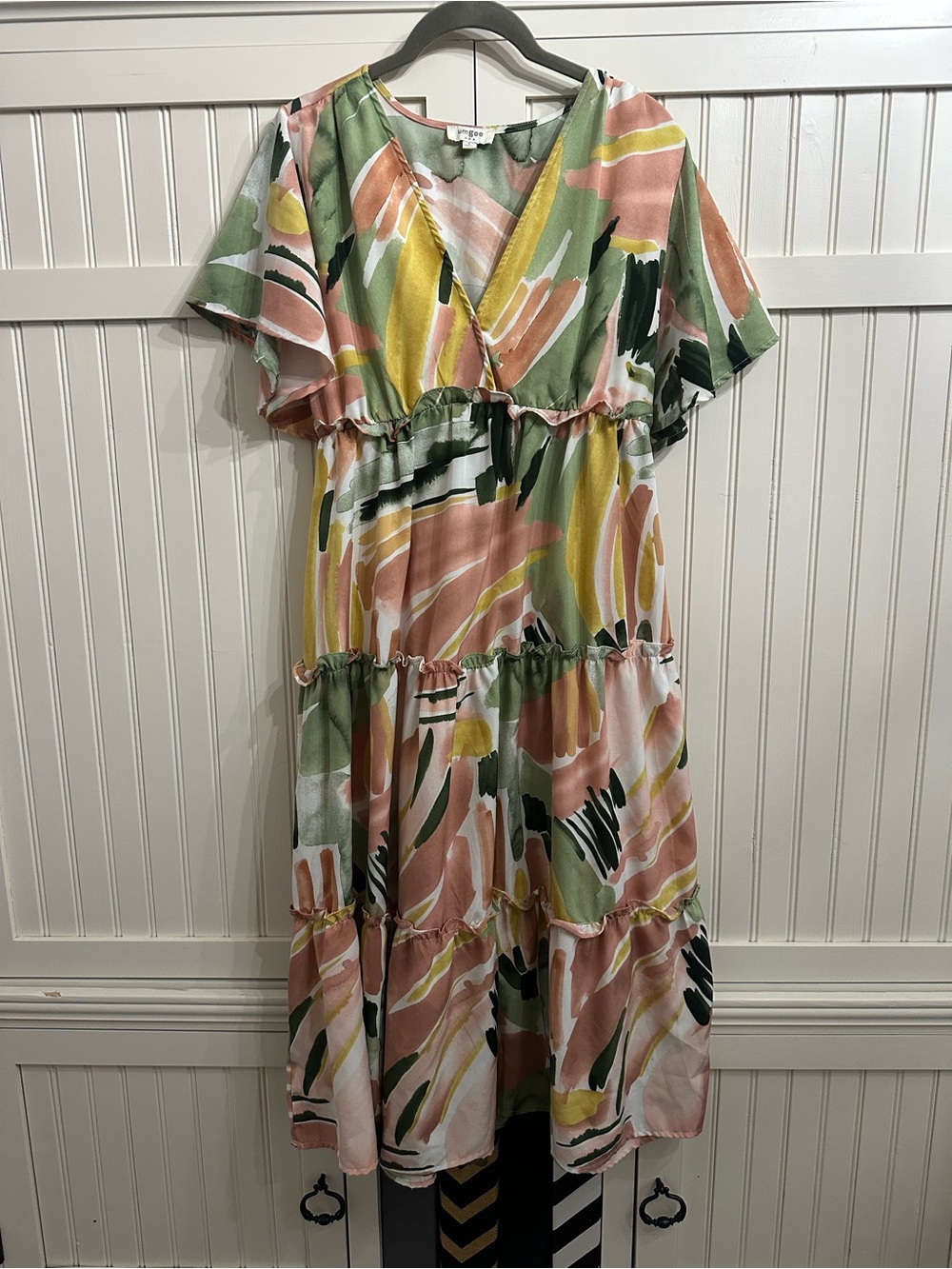Umgee Pink, Green & Yellow Abstract Midi Dress